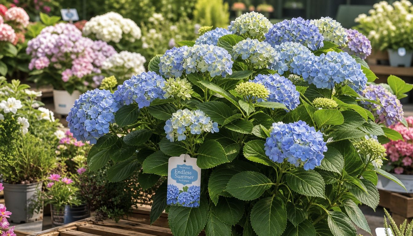 A vibrant potted Endless Summer hydrangea plant with blooming blue flowers and lush green leaves in a garden center.
