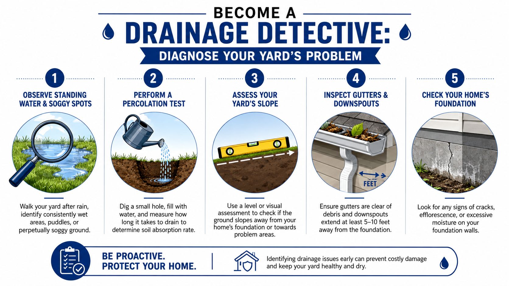 An infographic titled Become a Drainage Detective showing five steps to diagnose and solve yard drainage problems.