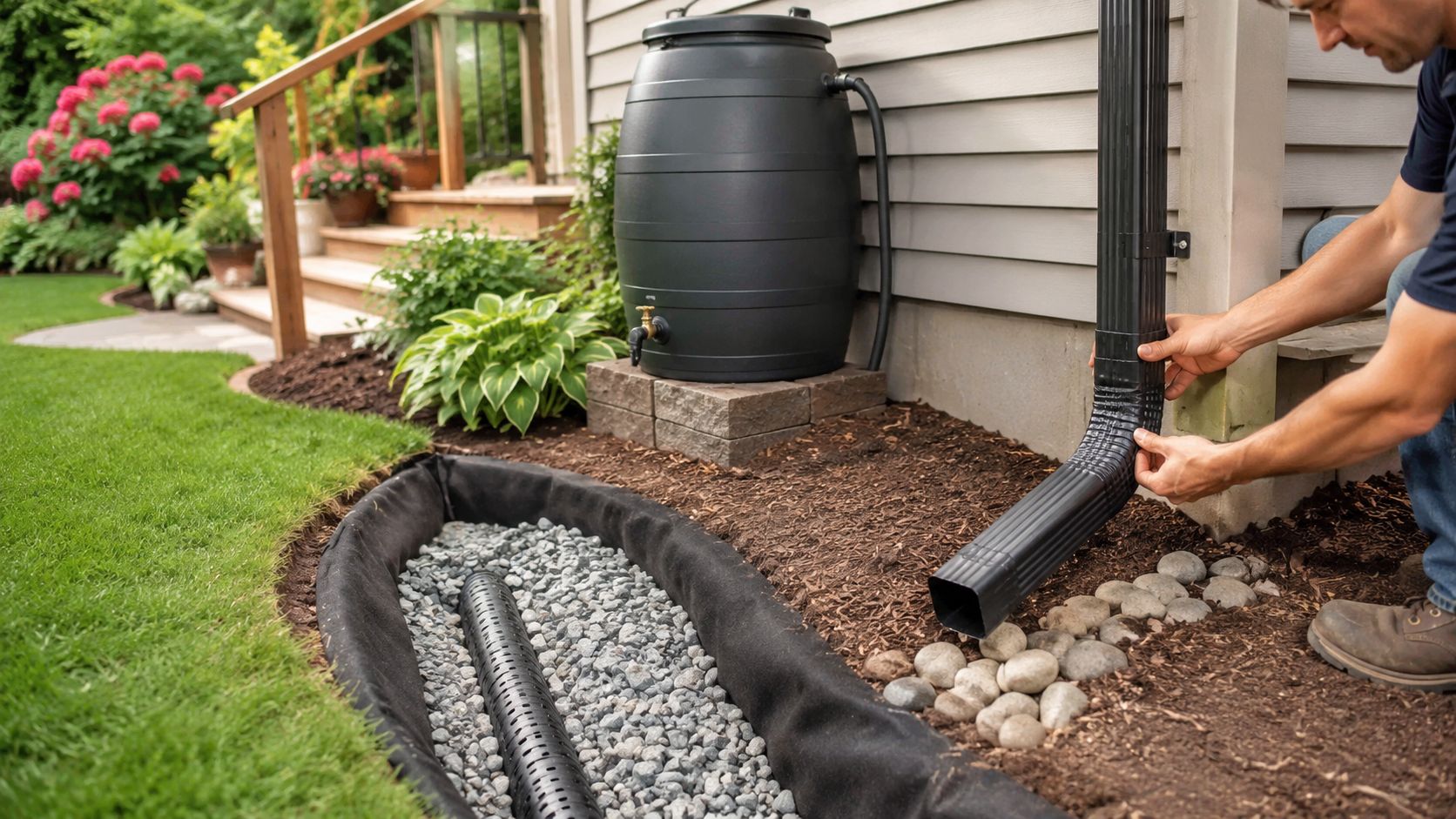 A man installing a downspout extension and French drain system to improve backyard drainage in a garden.