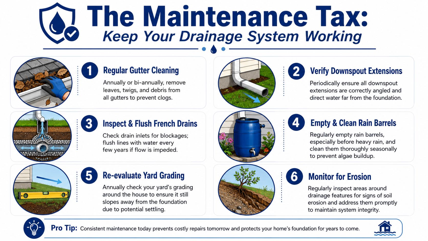 An infographic titled The Maintenance Tax illustrating six essential steps for maintaining home drainage systems.