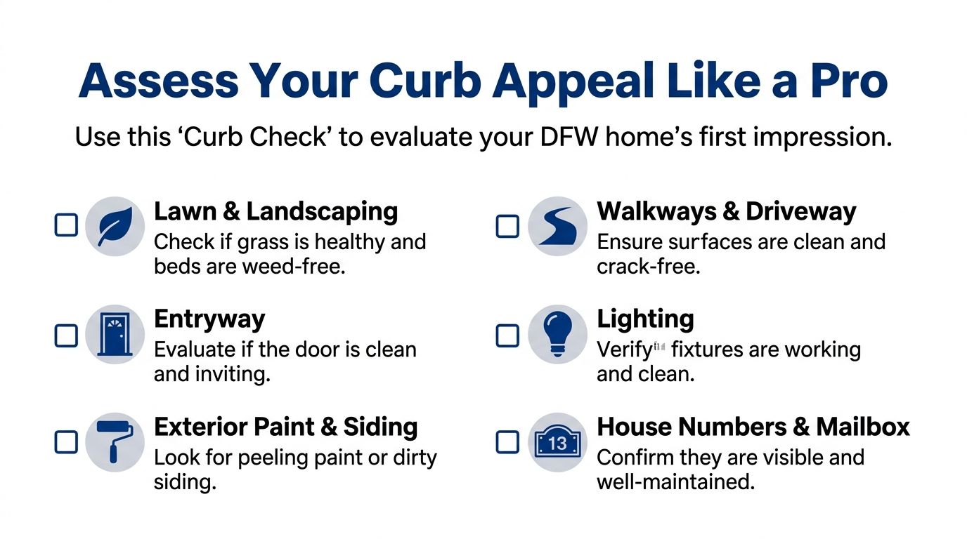 A checklist infographic titled Assess Your Curb Appeal Like a Pro for evaluating a home exterior.