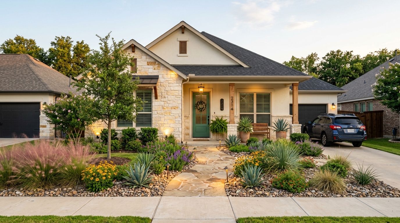 A beautiful suburban house featuring stone exterior, a green front door, and a well-landscaped front yard.
