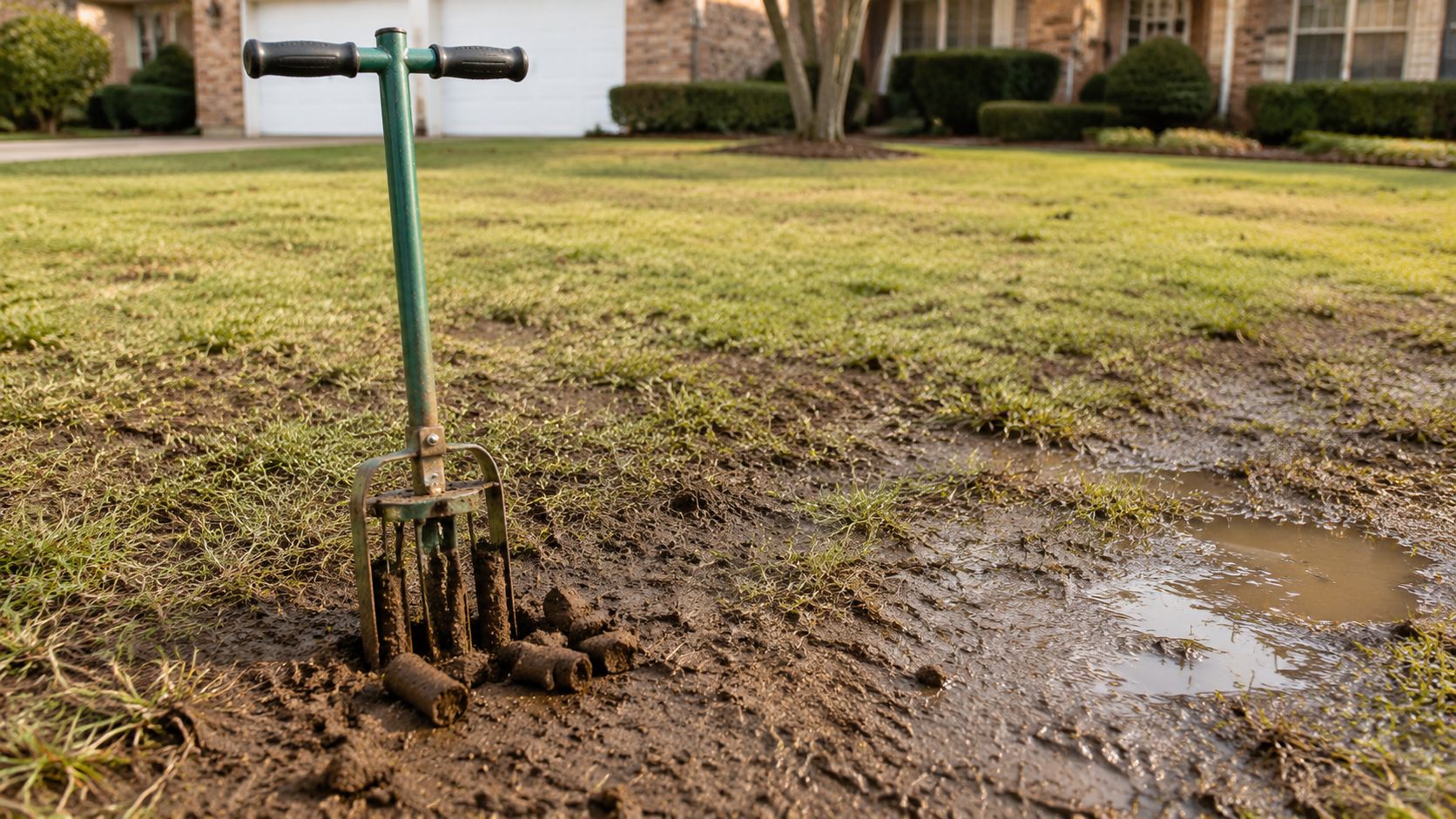 A lawn aerator tool standing in muddy grass with soil plugs visible on the ground.