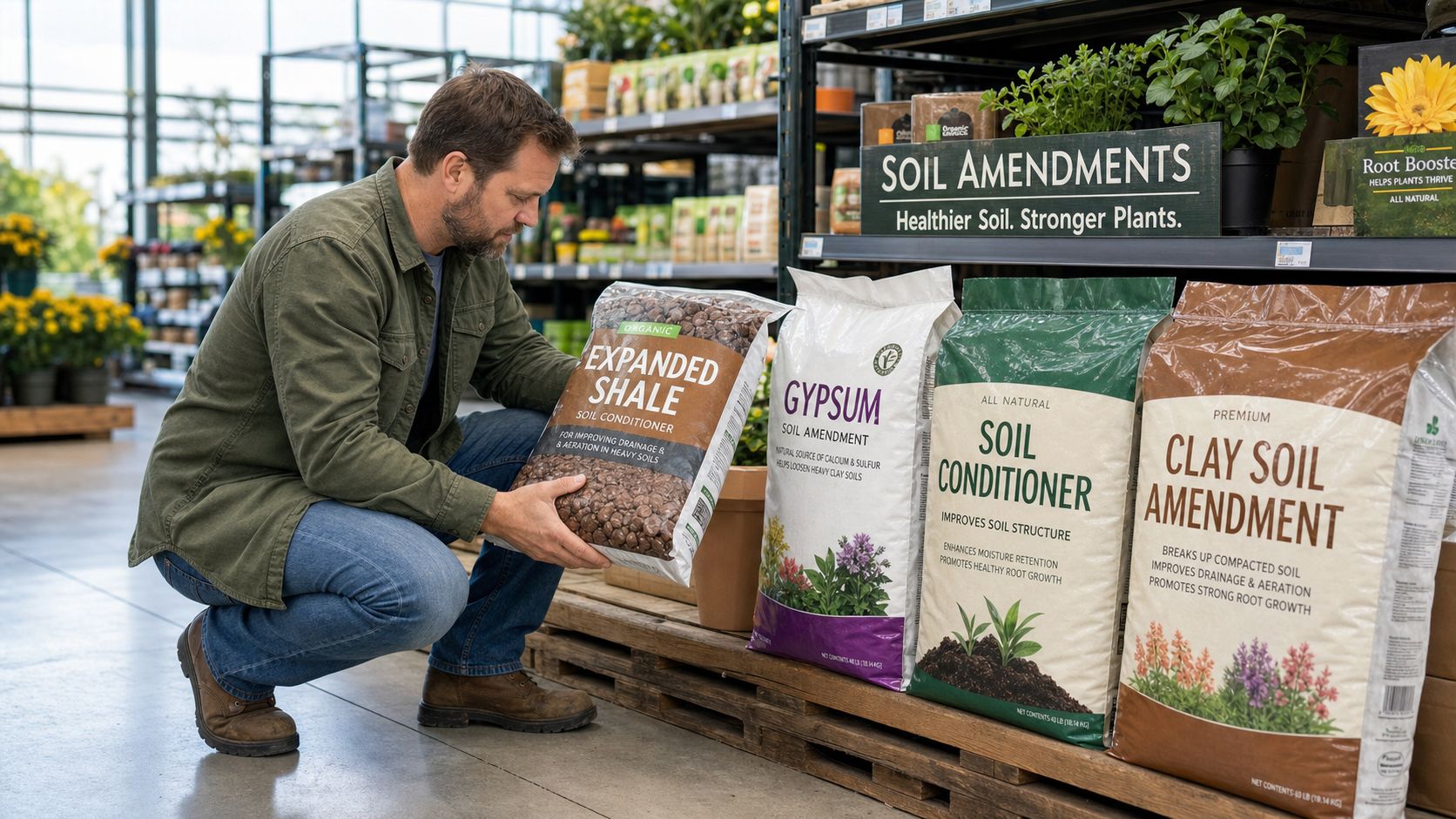 A man kneeling in a garden center selecting a bag of organic expanded shale soil conditioner.