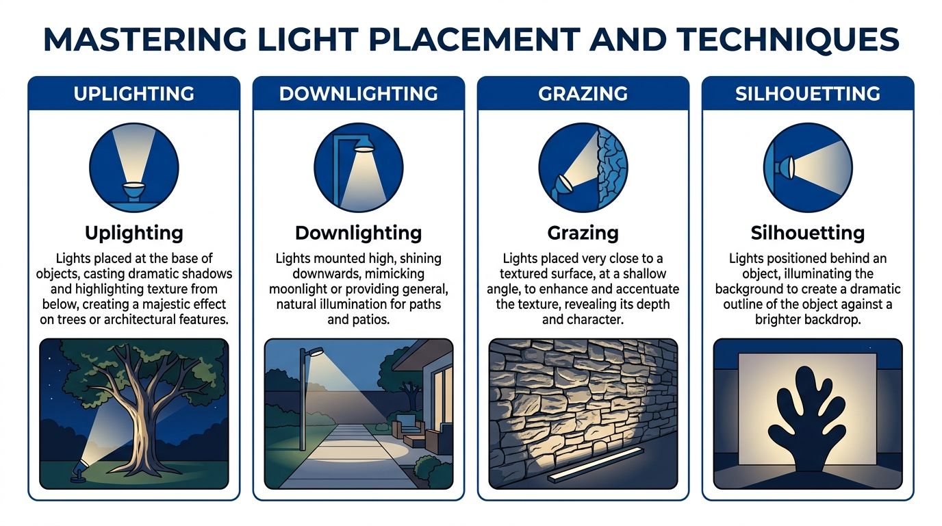 An infographic showing four common landscape lighting techniques including uplighting, downlighting, grazing, and silhouetting with descriptions.