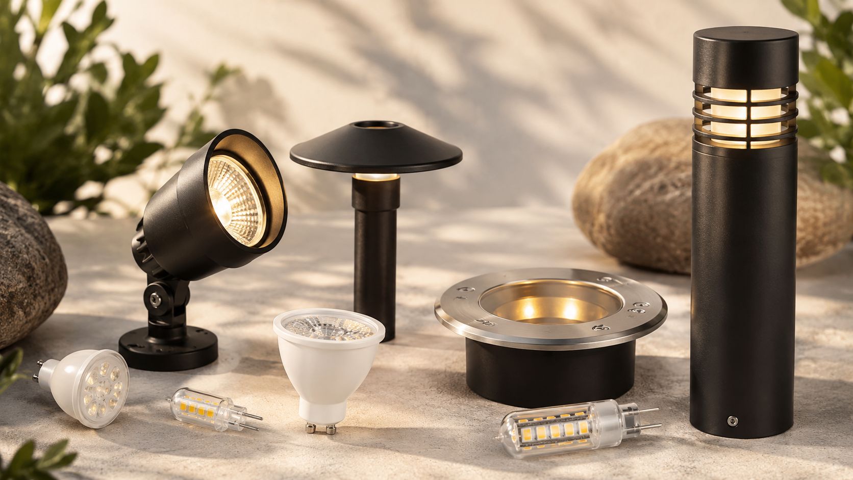 Various outdoor landscape lighting fixtures and LED bulbs displayed on a textured stone surface.