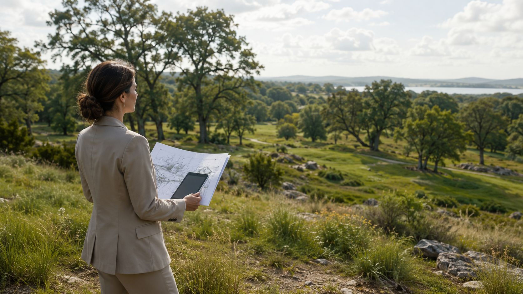 A professional architect looking at landscape blueprints and a tablet while standing on a grassy hill.