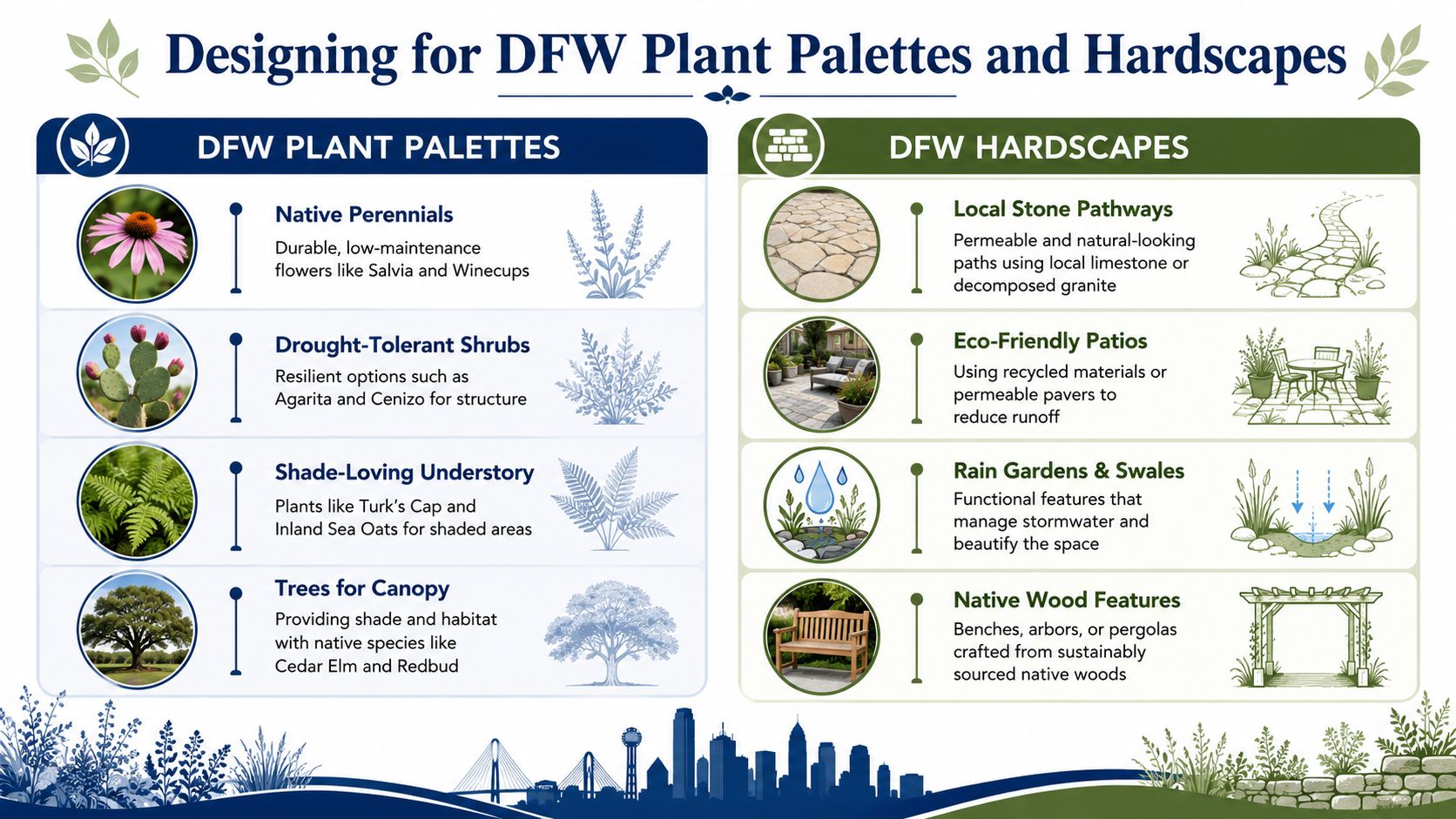 An infographic titled Designing for DFW Plant Palettes and Hardscapes showing sustainable gardening and landscaping advice.
