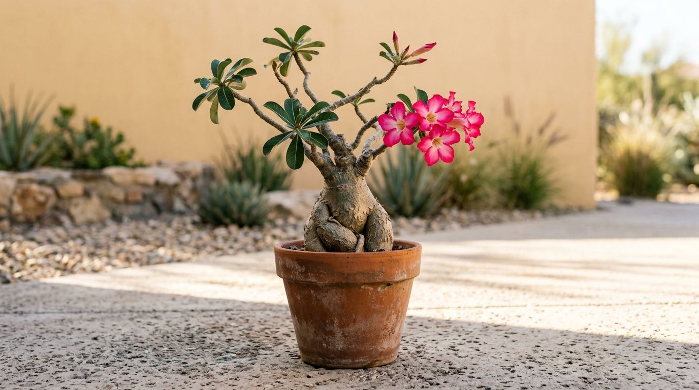 A beautiful desert rose plant with pink flowers potted in a terra cotta pot on a patio.