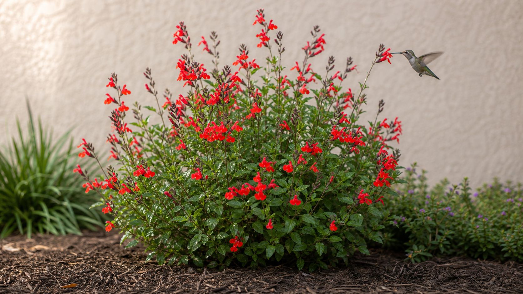 A vibrant red sage plant in a North Texas garden being visited by a small hummingbird.