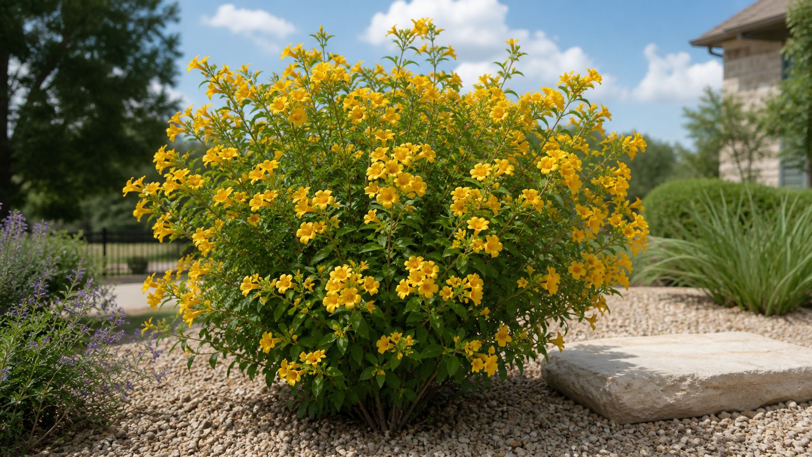 A vibrant yellow flowering shrub thriving in a low-maintenance North Texas landscape with gravel mulch.