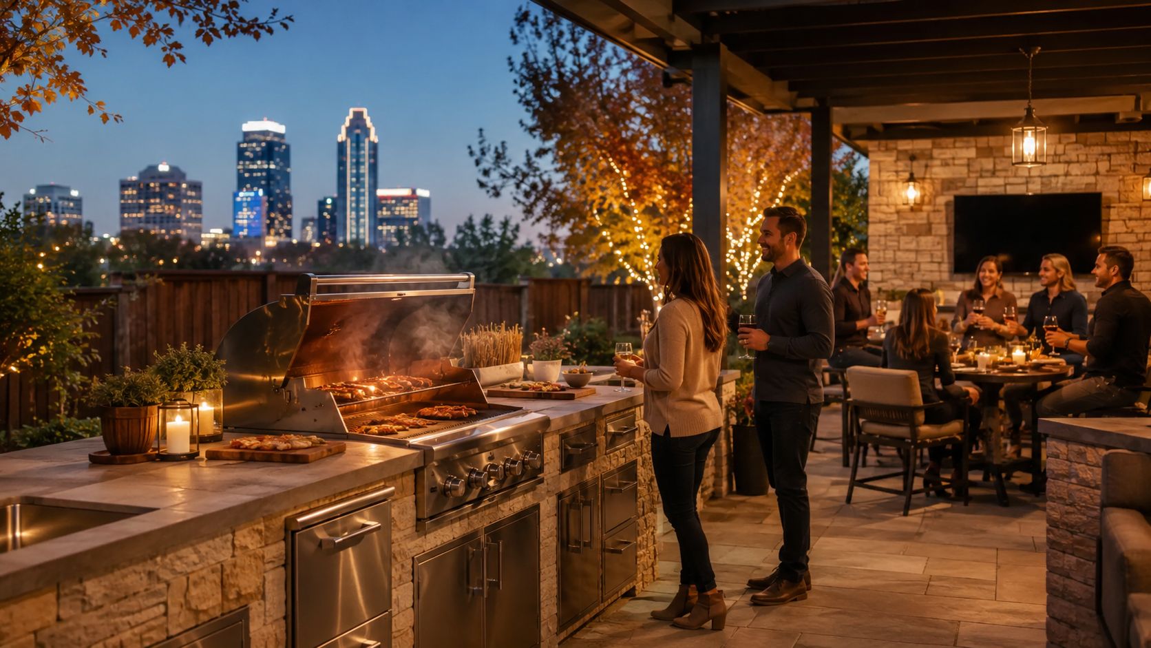 A couple socializing while cooking in a luxury outdoor kitchen with a view of a city skyline.