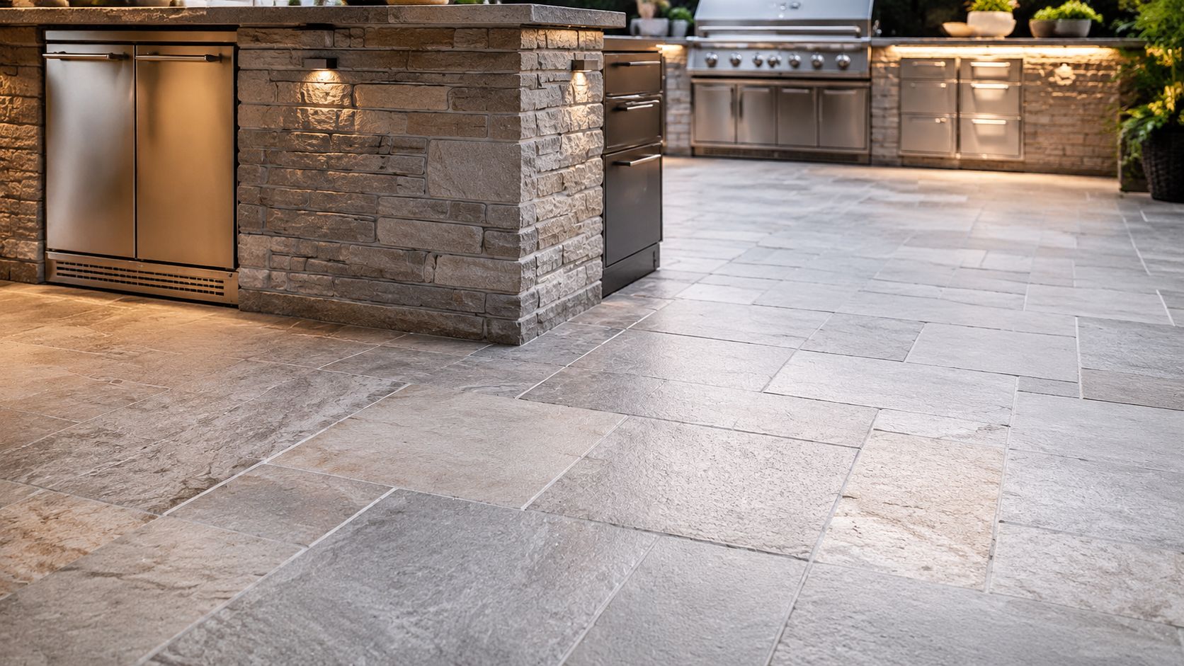 A luxurious outdoor kitchen area featuring stone patio flooring, stainless steel appliances, and built-in stone cabinetry.