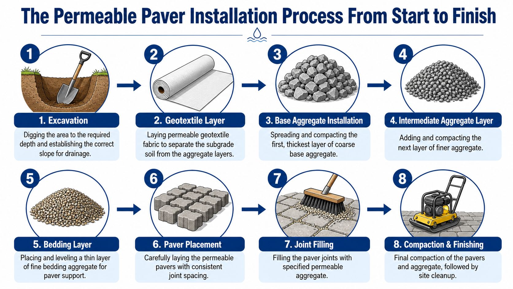 An infographic showing the eight steps of the permeable paver installation process from excavation to final compaction.