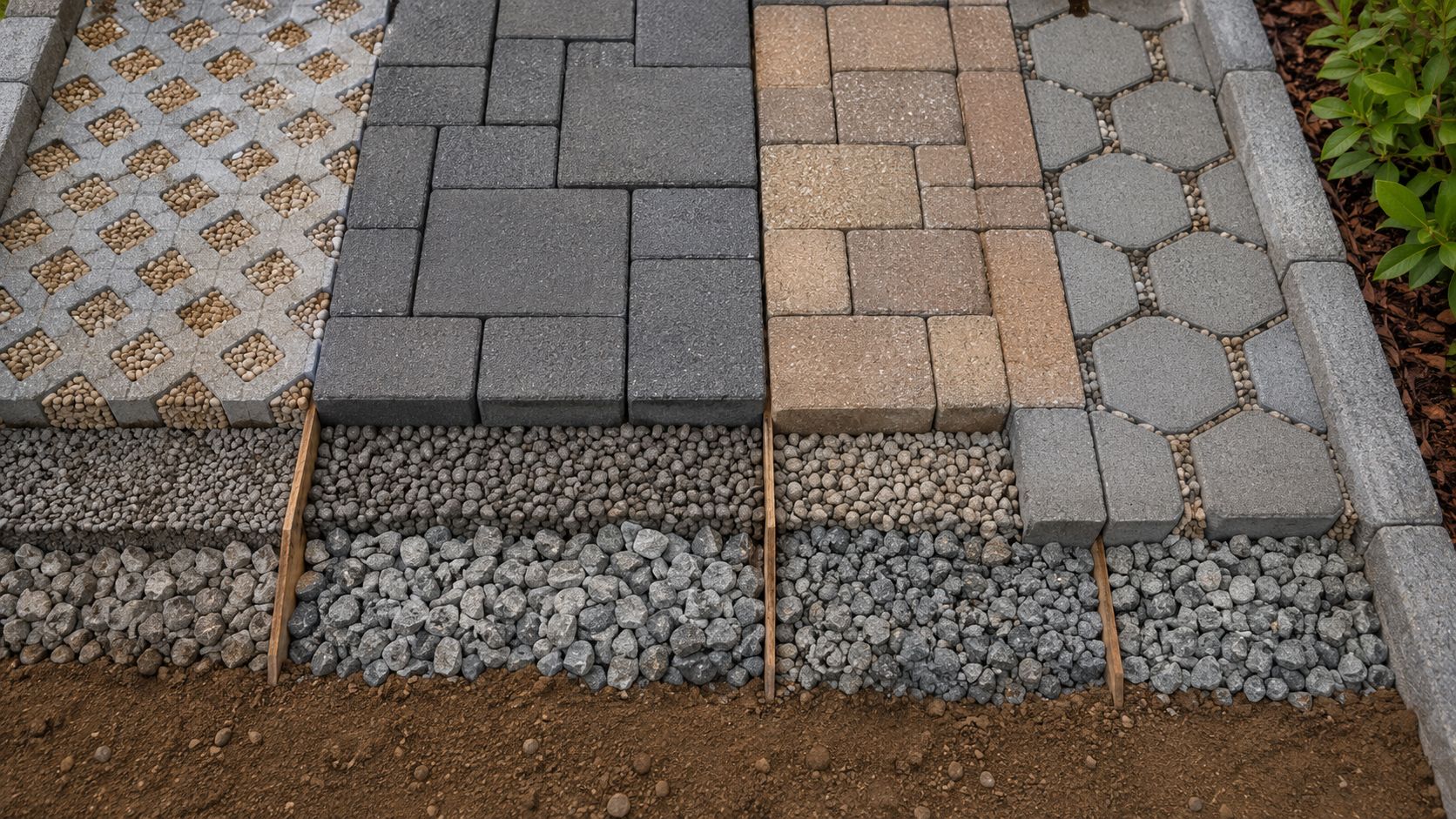Cross-section showing layers of a permeable paver installation with various stone types and concrete bricks.