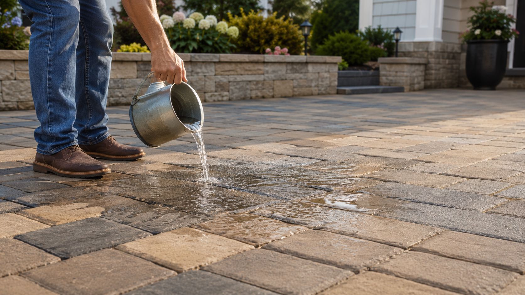 A person pouring water onto permeable pavers to demonstrate water drainage and infiltration on a stone patio.
