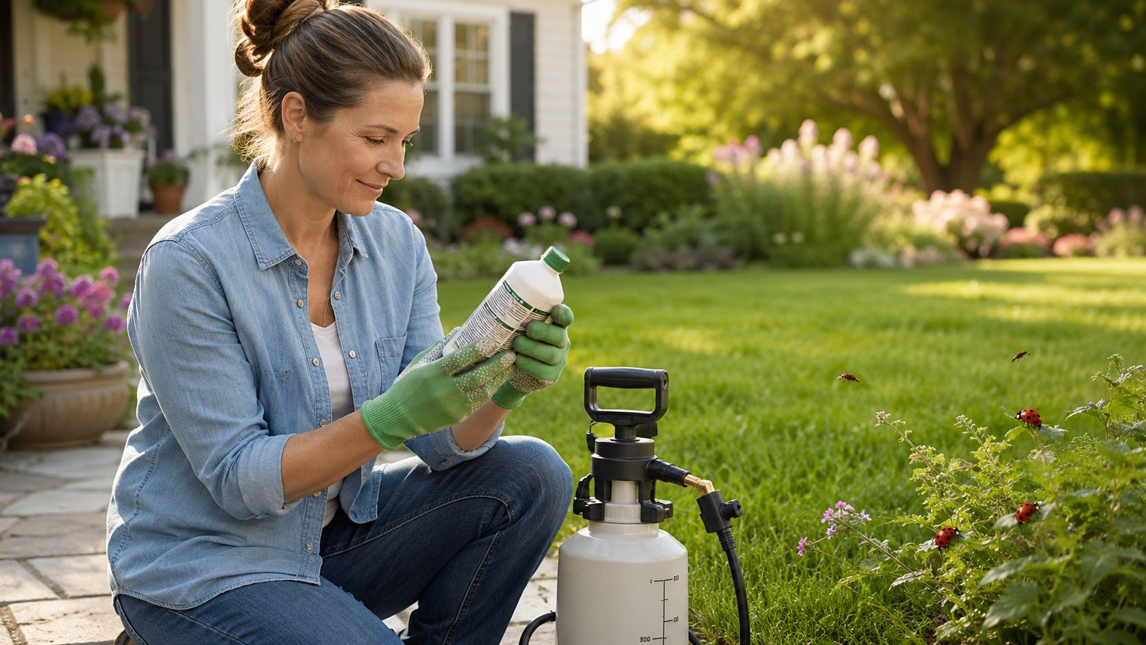 A woman kneeling in her garden reads the label on a bottle while holding a spray tank.