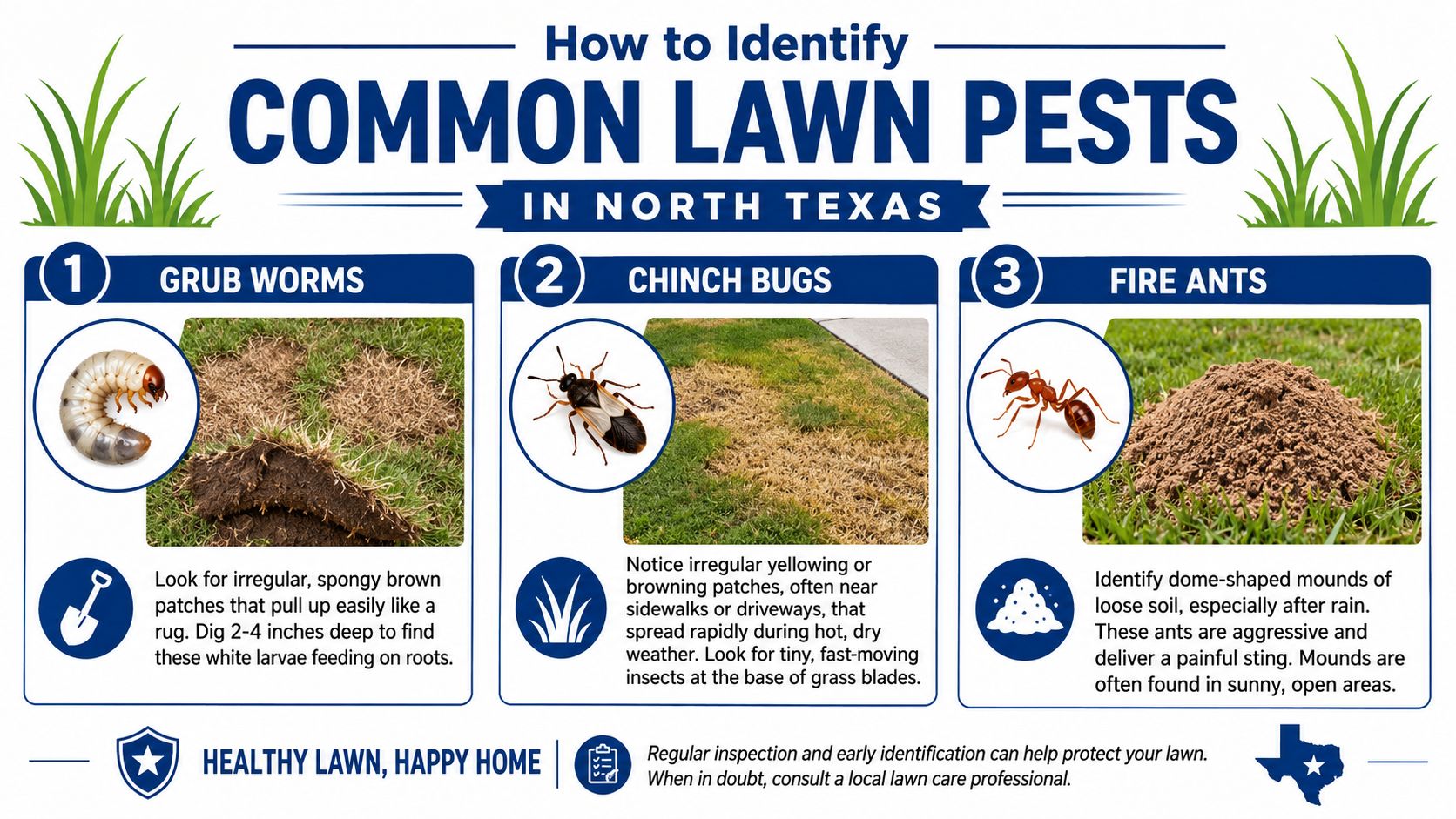 An infographic detailing how to identify common lawn pests in North Texas including grubs, chinch bugs, and fire ants.