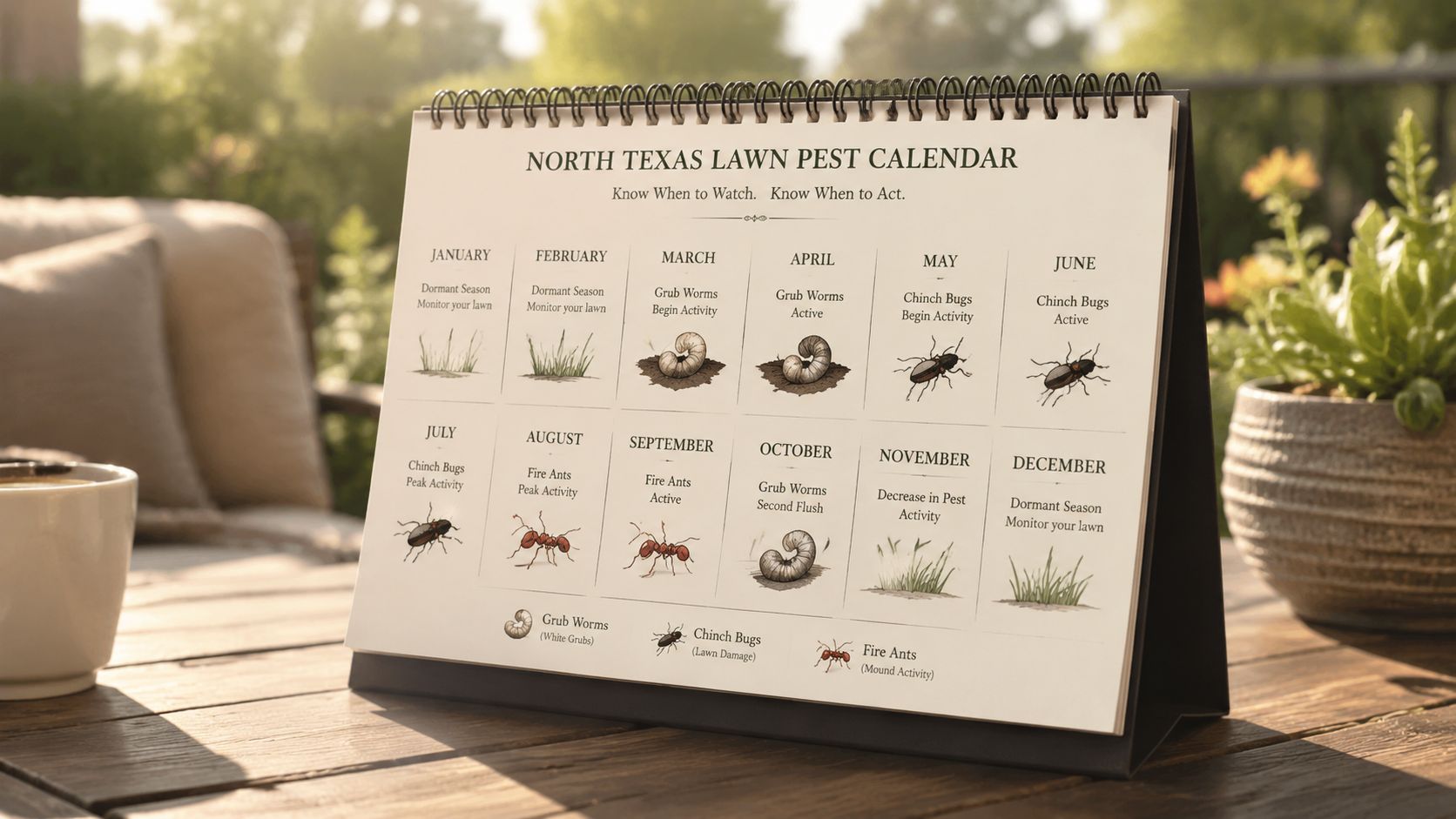 A desktop calendar titled North Texas Lawn Pest Calendar showing monthly activity of grubs, chinch bugs, and ants.