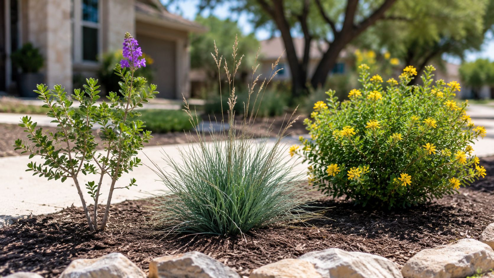A landscape garden bed featuring ornamental grasses, a purple Texas sage, and a bright yellow flowering shrub.