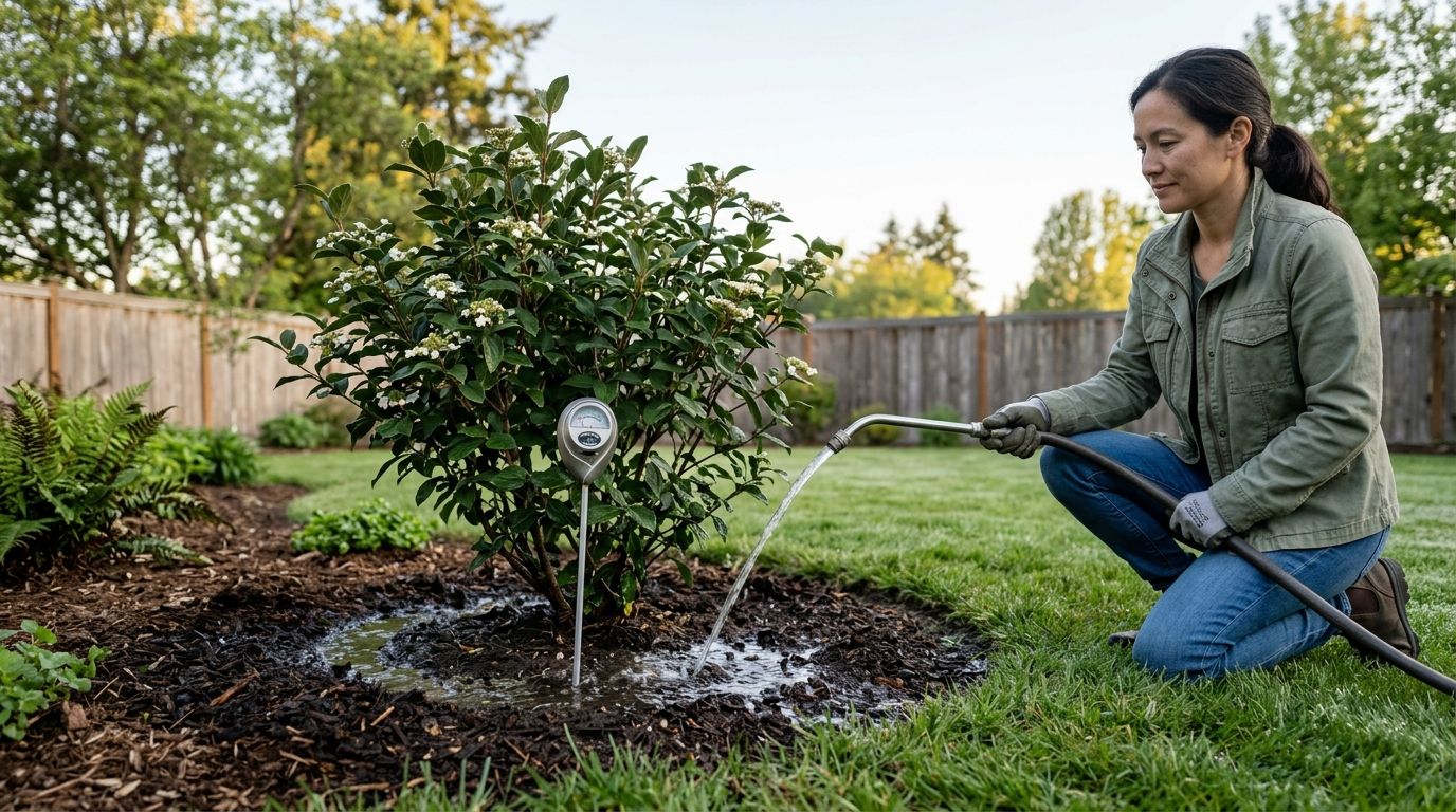 A woman kneeling in her garden, watering a small flowering bush with a hose and soil moisture meter.