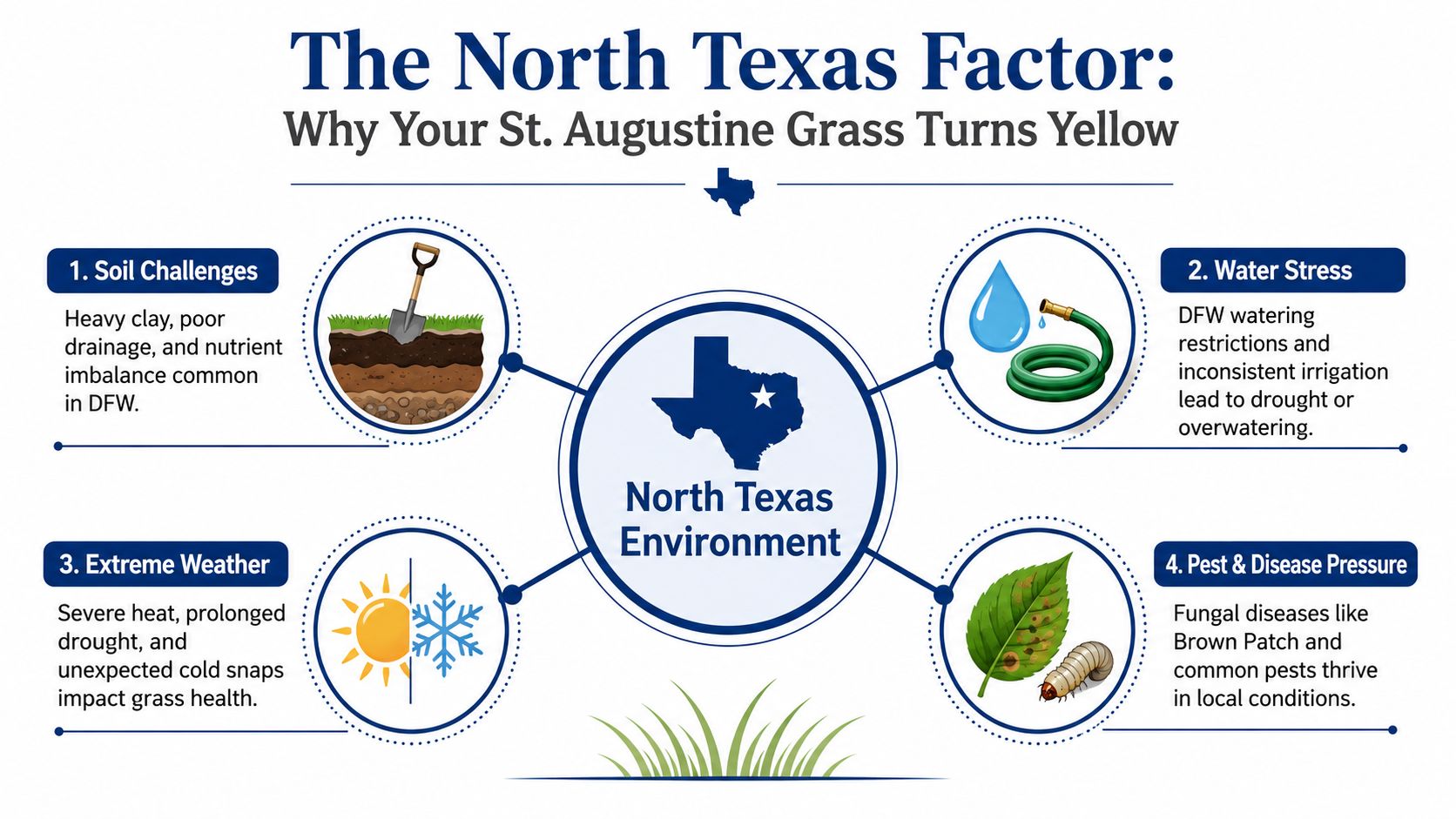 An infographic detailing four primary environmental factors causing St. Augustine grass to turn yellow in North Texas.