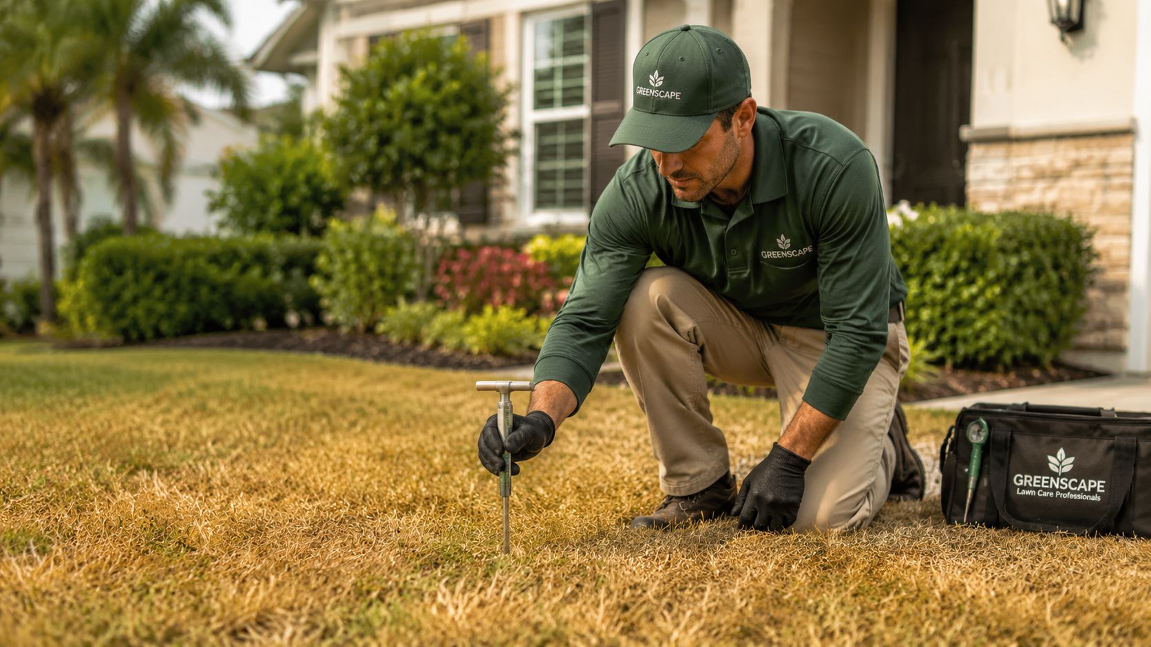 A lawn care professional in a green uniform testing soil quality on a yellowing residential lawn.