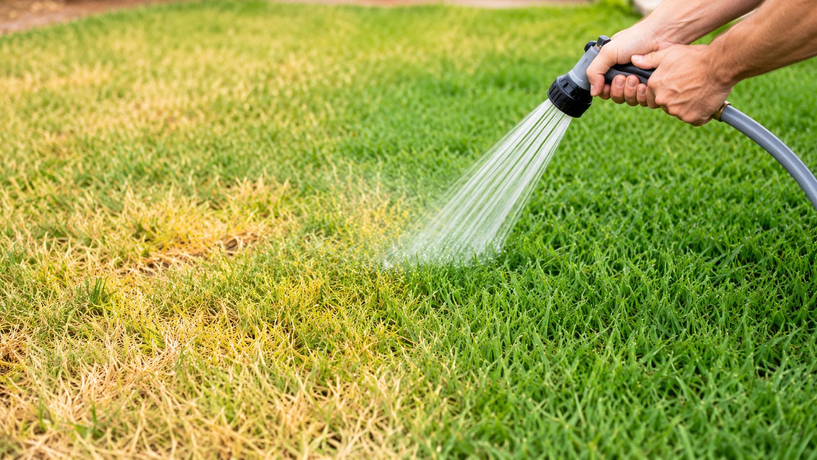 A person watering a patchy lawn with yellowing St. Augustine grass using a garden hose nozzle.