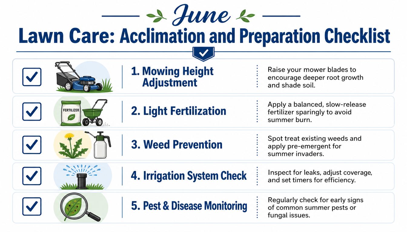 A June lawn care checklist illustration providing tips on mowing height, fertilization, weed prevention, irrigation, and pest control.
