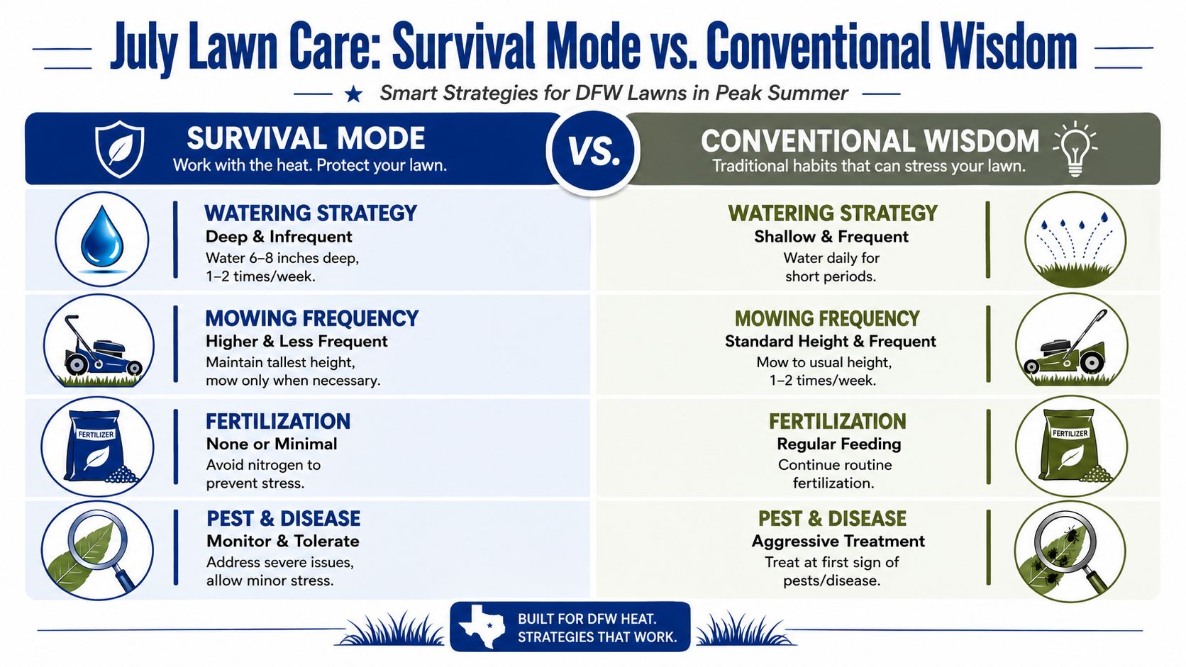 A comparison chart showing survival mode versus conventional wisdom strategies for maintaining DFW lawns in summer.