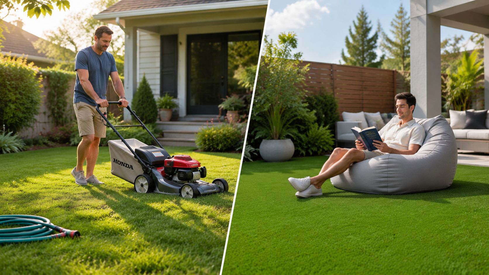 A split screen comparing a man mowing a natural lawn versus a man relaxing on synthetic turf.