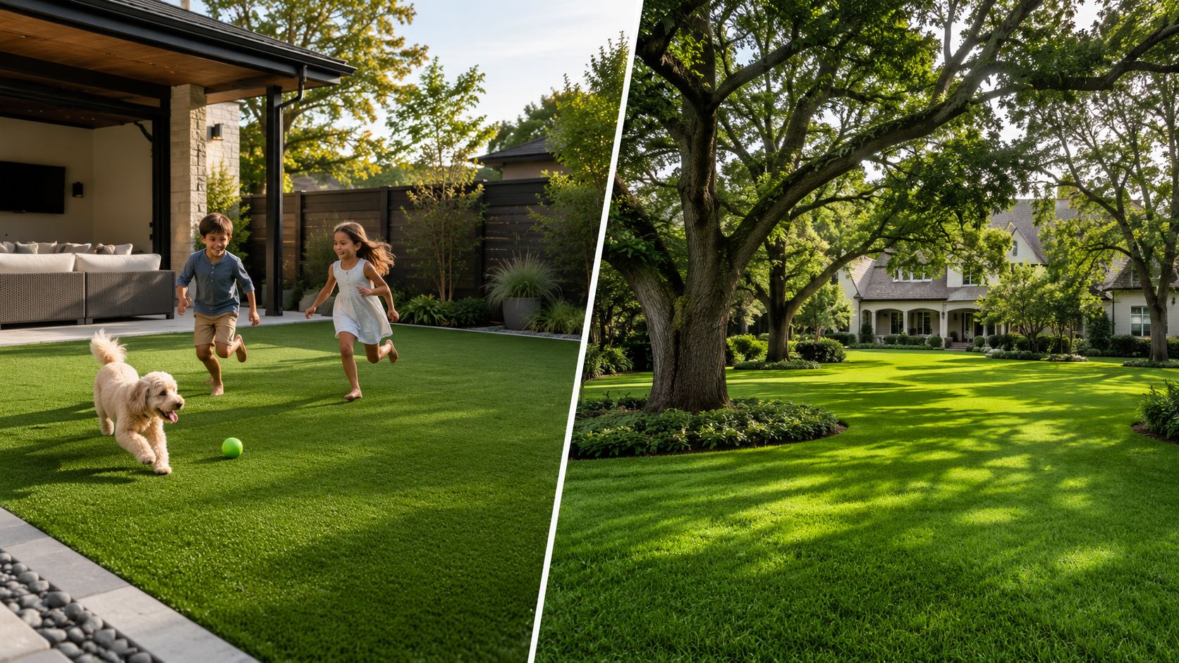 A comparison showing children playing on synthetic turf next to a lush natural grass lawn.