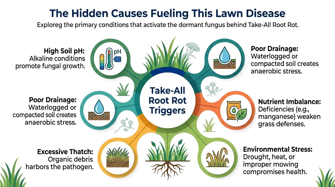 An infographic showing the various environmental and soil conditions that trigger Take-All Root Rot in lawns.