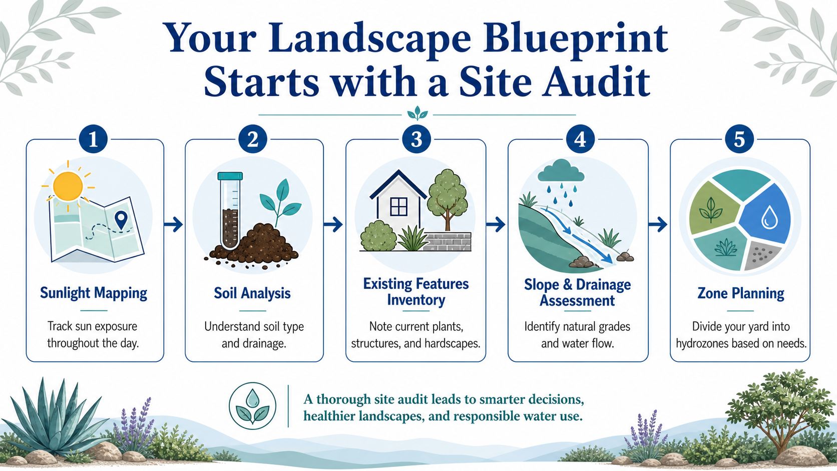 A five-step infographic showing how to perform a landscape site audit for water conservation and planning.
