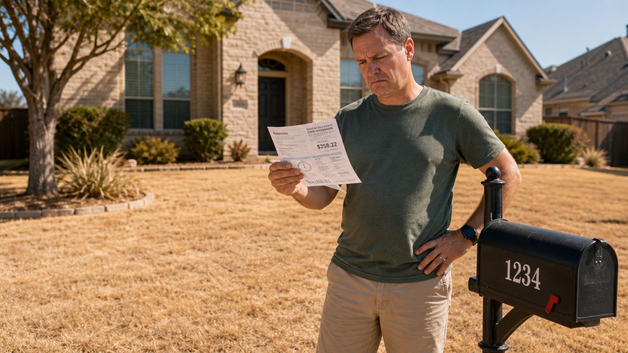 A concerned homeowner looking at a utility bill while standing in front of his dry, brown lawn.