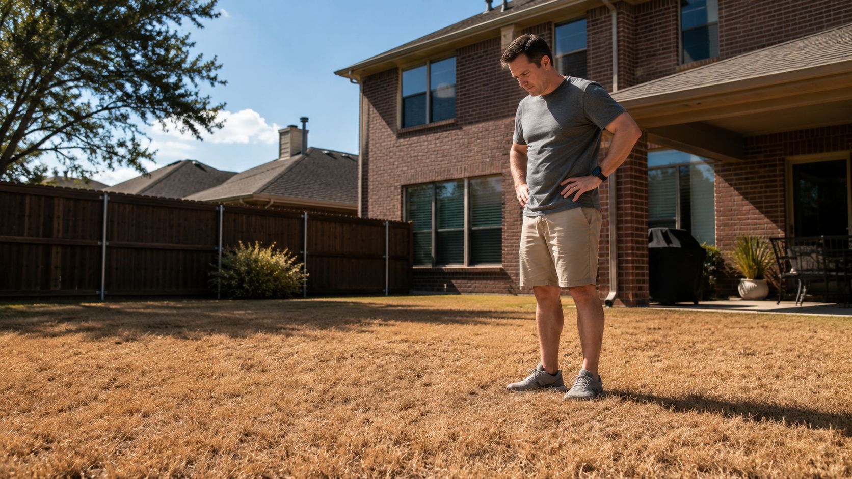 A concerned homeowner standing in his dry and withered backyard looking down at the dead lawn.