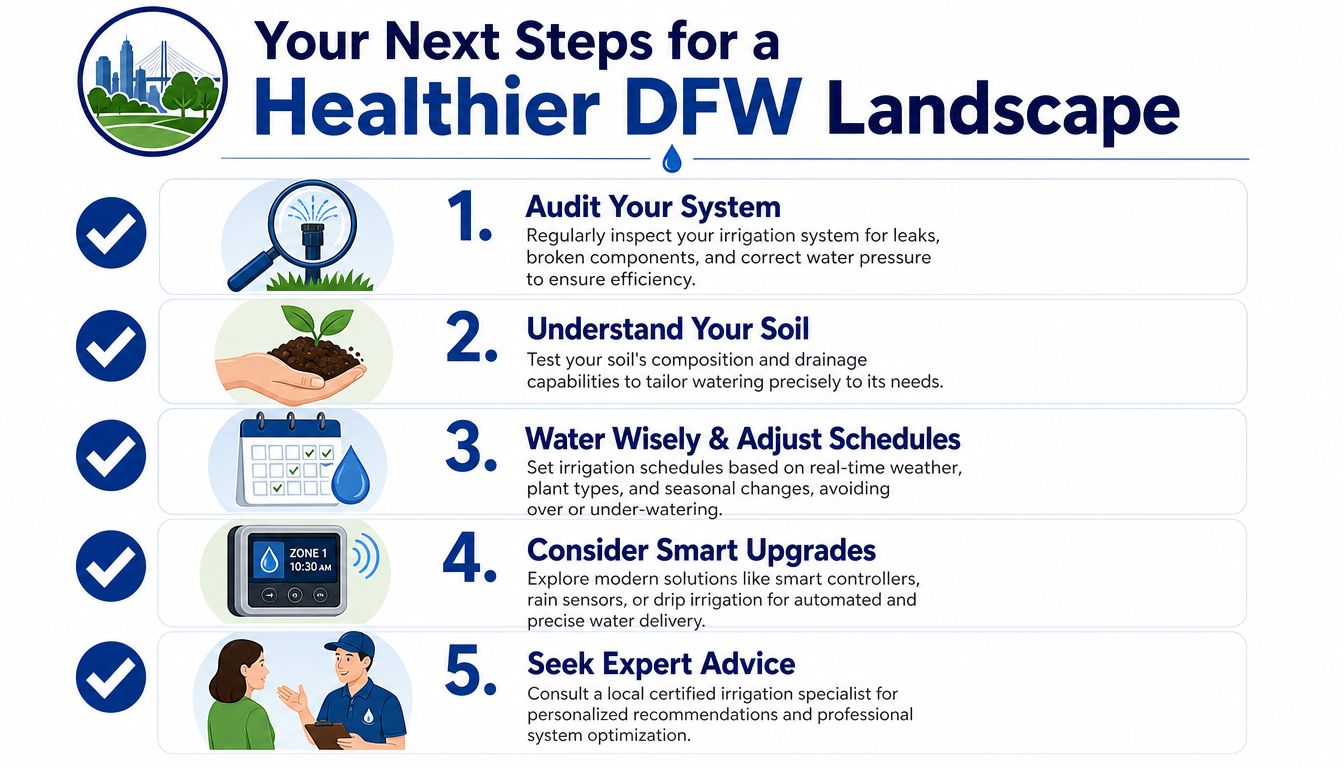 An infographic titled Your Next Steps for a Healthier DFW Landscape with five tips for efficient irrigation.