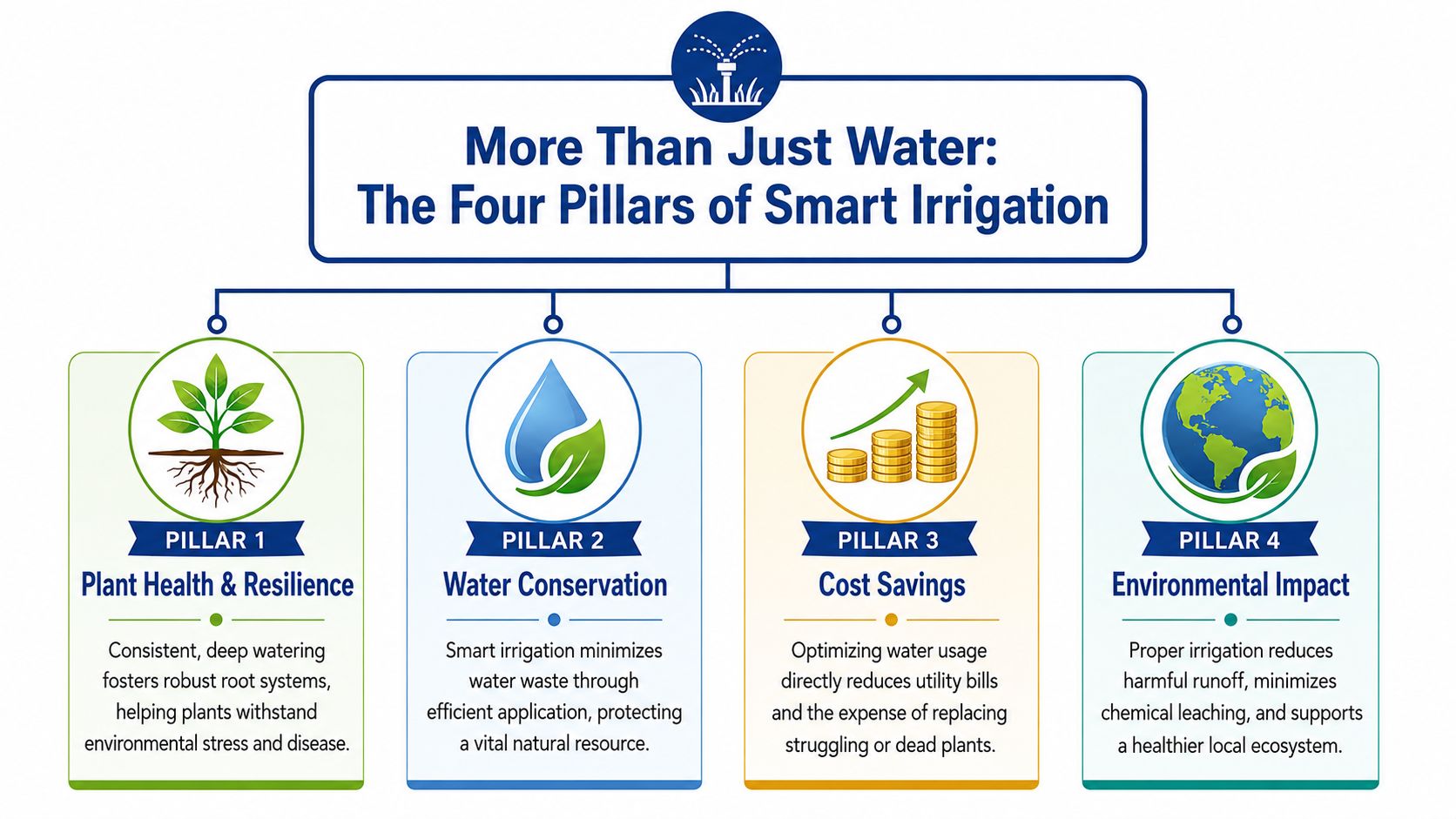 An infographic titled The Four Pillars of Smart Irrigation showcasing benefits like plant health, water conservation, savings, and ecology.