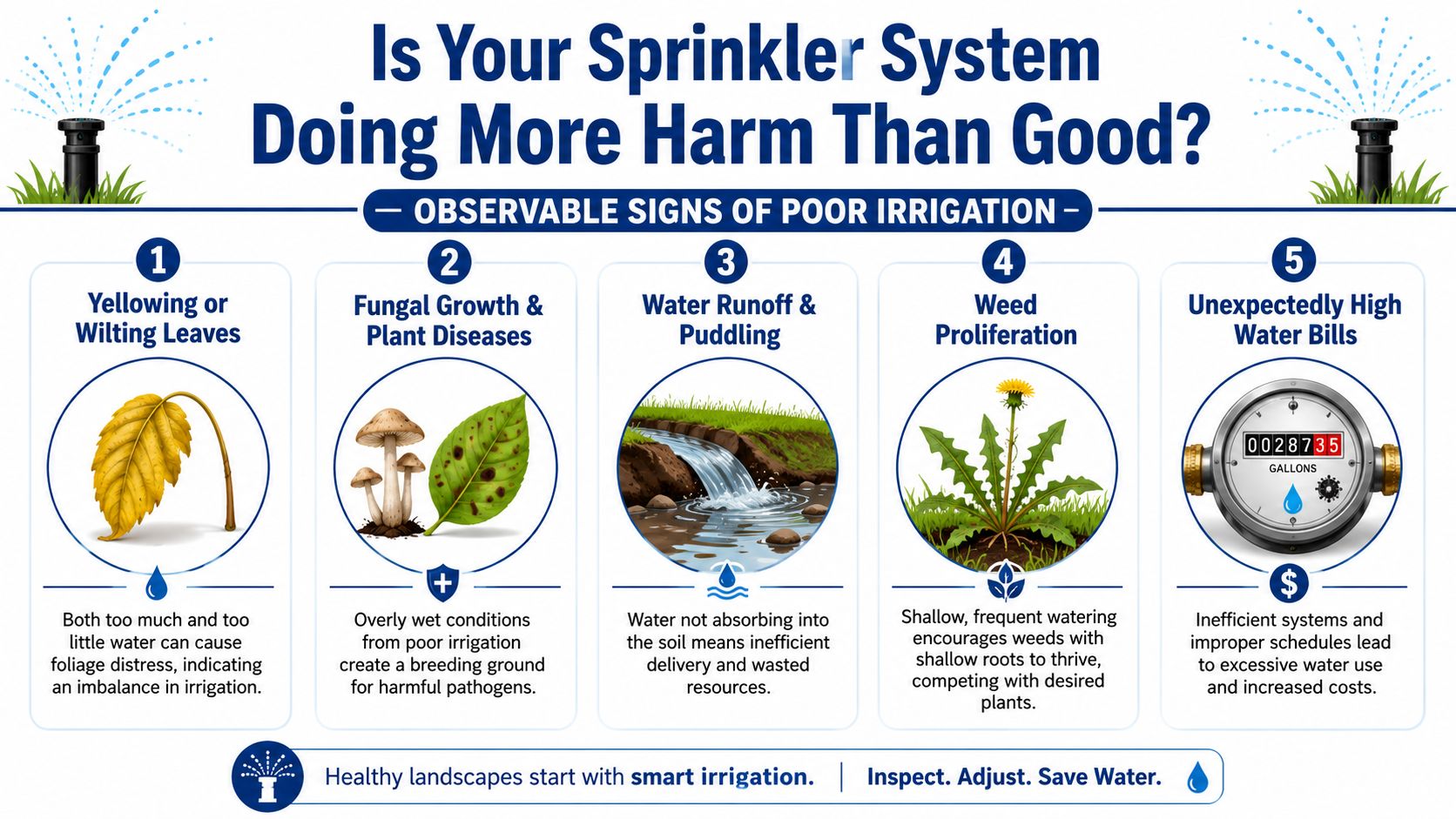 An infographic detailing five signs of a poor sprinkler system including plant health and water waste issues.