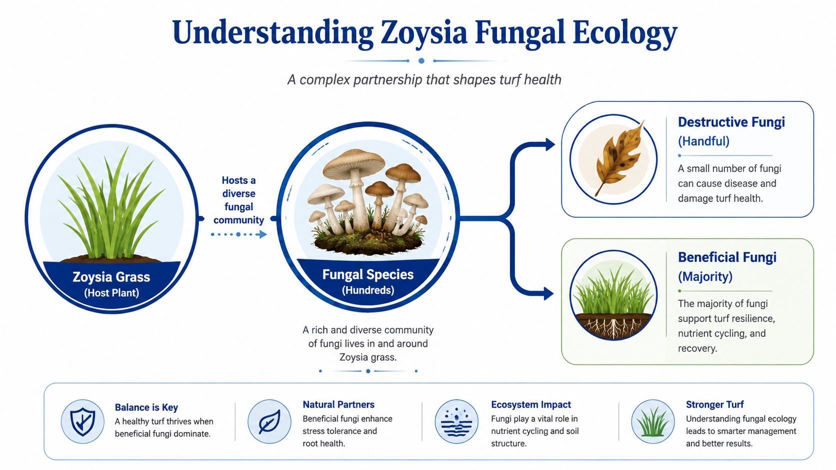 A diagram illustrating the complex ecosystem of Zoysia grass and its diverse beneficial and destructive fungal communities.