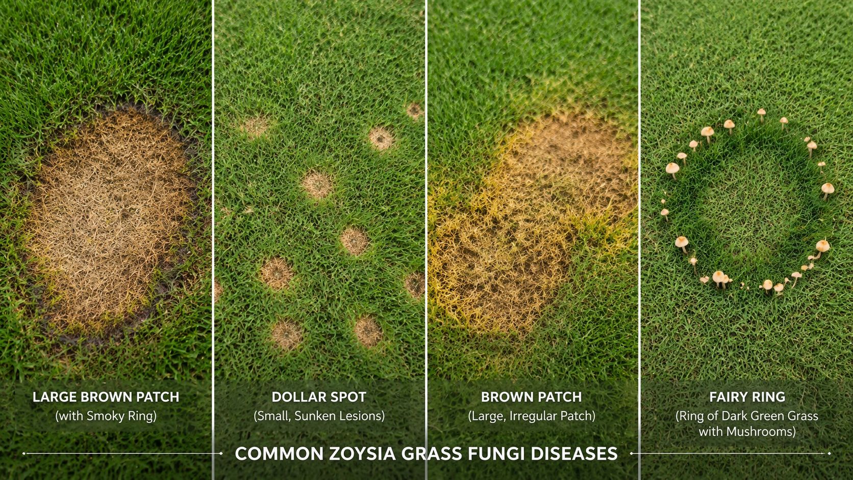 A four-part comparison image displaying various common fungus diseases found in Zoysia grass lawns.